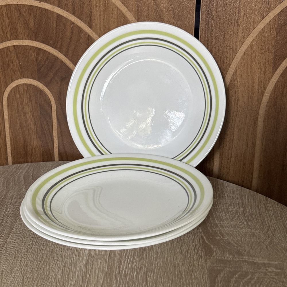 4 Corelle GARDEN SKETCH BANDS Green & Black Stripes 6.75in Bread Plates
